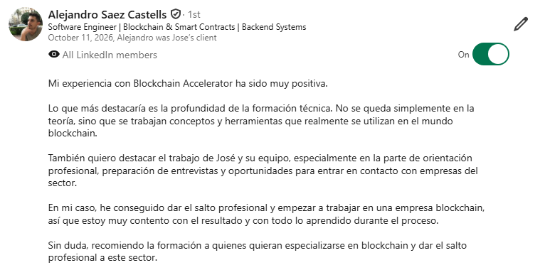 Recomendación en LinkedIn de Alejandro Saez Castells, Software Engineer · Web3 & Smart Contracts · Backend Systems