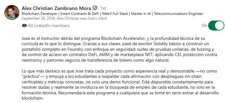 Recomendación en LinkedIn de Alex Christian Zambrano Mora, Web3 Developer · Smart Contracts & DeFi