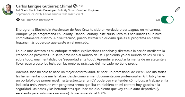 Recomendación en LinkedIn de Carlos Enrique Gutiérrez Chimal, Full Stack Web3 Developer · Solidity Smart Contract Engineer