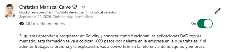 Recomendación en LinkedIn de Christian Mariscal Calvo, Web3 consultant · Solidity developer · Individual investor