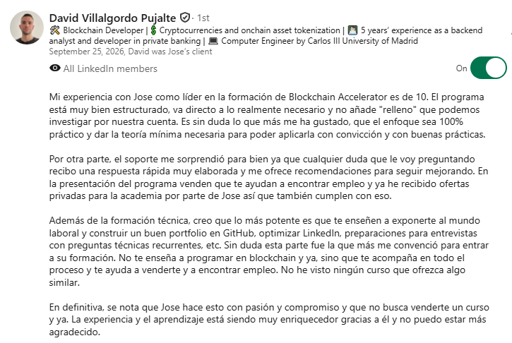 Recomendación en LinkedIn de David Villalgordo Pujalte, Web3 Developer