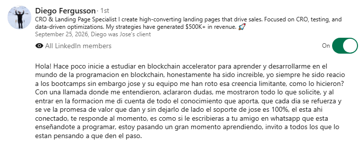 Recomendación en LinkedIn de Diego Fergusson, CRO & Landing Page Specialist