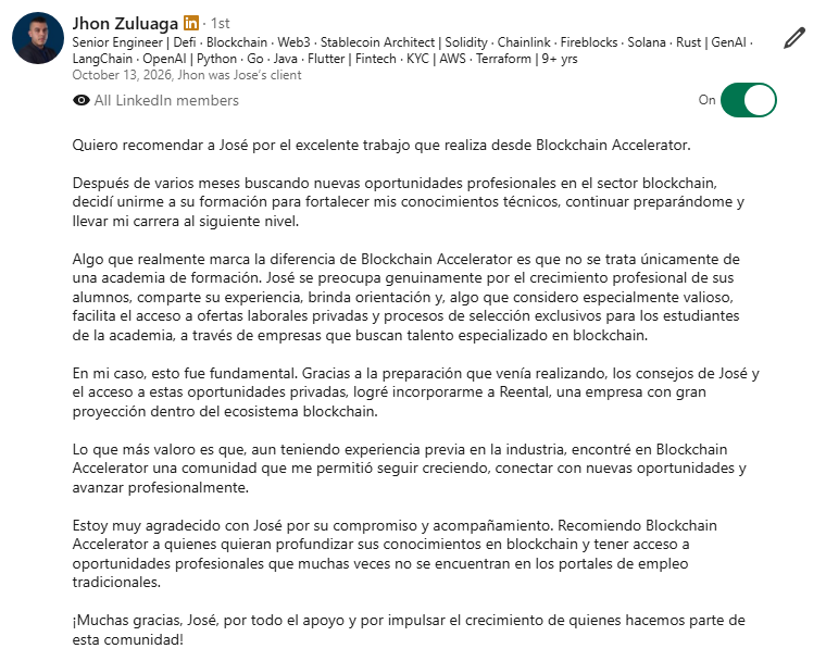 Recomendación en LinkedIn de Jhon Zuluaga, Senior Engineer · DeFi · Web3 · Stablecoin Architect · Solidity
