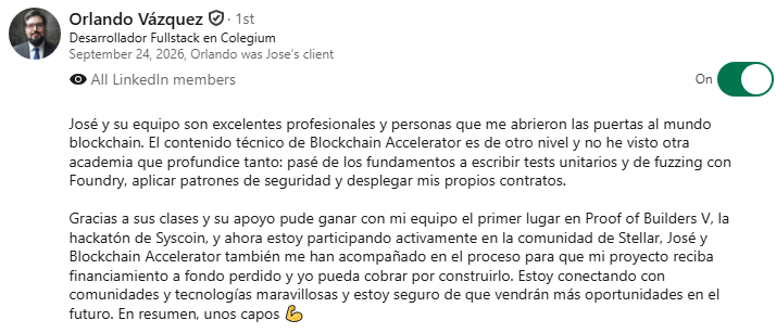 Recomendación en LinkedIn de Orlando Vázquez, Desarrollador Fullstack en Colegium
