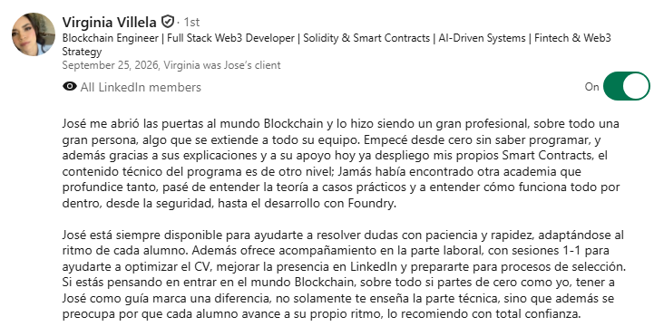 Recomendación en LinkedIn de Virginia Villela, Web3 Engineer